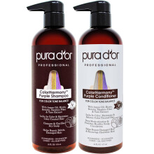 PURA D'OR Paarse Shampoo & Conditioner (16oz x 2) ColorHarmony Biotine Set voor gebleekt blond zilver en gekleurd haar - Keratine Bamboevezel Geen su