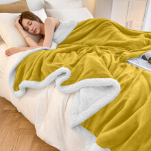 (Yellow Ochre, Super King: 230 X 270 CM) Sherpa Fleece Blanket Bed Mink Sofa Throw 2 Layer Reversible Travel Blanket