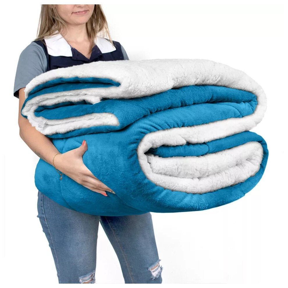 (Teal, King: 200 X 240 CM) Sherpa Fleece Blanket Bed Mink Sofa Throw 2 Layer Reversible Travel Blanket