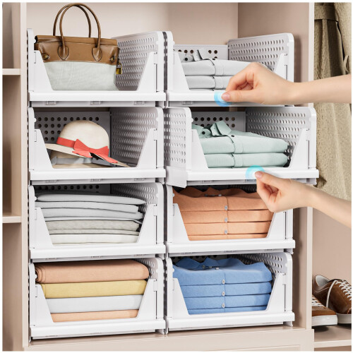 caktraie 4 Pack Stackable Closet Organizer Box - Stackable Storage Bins  Plastic Storage Basket Foldable Closet Storage Basket for Wardrobe Cupboard K