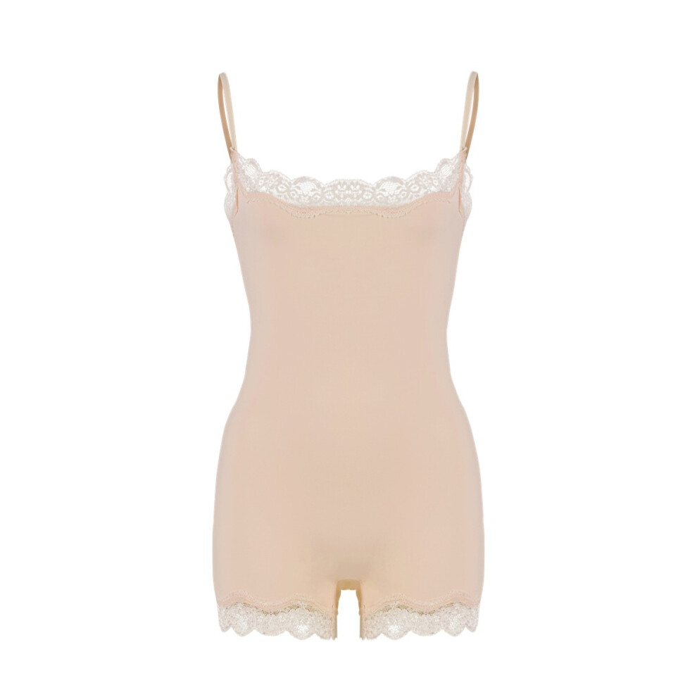 (Light Yellow, XS) Lace Bodysuit sexy lace lace suspender body shaping jumpsuit Kim same body shaping skims