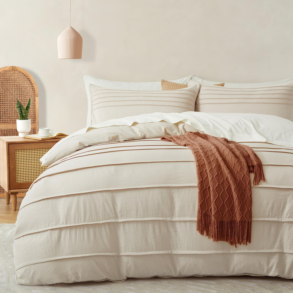 Housse de couette Oli Anderson kaki clair Queen Size - Housse de couette pliss   e Queen Size 3 pi   ces, parure de lit textur   e douce et respirante