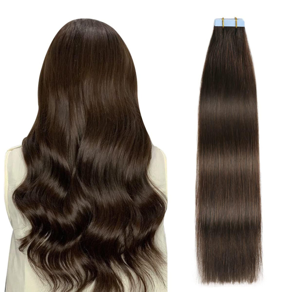 Suyya Unisex Brown Tape In Hair Extensions Human Hair 100% Remy Human Hair Darkest 50G/Pack 20Pcs Straight Seamless Skin Weft Tape Hair Extensions(22 Inches