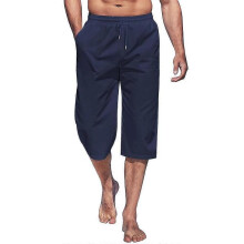 (2XL, Navy Blue) Men's Capri Pants Lightweight Loose 3/4 Shorts Drawstring Elastic Waist Casual Beach Yoga Trousers