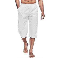 (2XL, White) Men's Capri Pants Lightweight Loose 3/4 Shorts Drawstring Elastic Waist Casual Beach Yoga Trousers