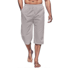 (3XL, Light Grey) Men's Capri Pants Lightweight Loose 3/4 Shorts Drawstring Elastic Waist Casual Beach Yoga Trousers