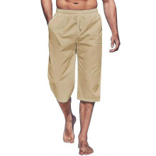 (XL, Khaki) Men's Capri Pants Lightweight Loose 3/4 Shorts Drawstring Elastic Waist Casual Beach Yoga Trousers