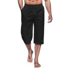 (M, Black) Men's Capri Pants Lightweight Loose 3/4 Shorts Drawstring Elastic Waist Casual Beach Yoga Trousers
