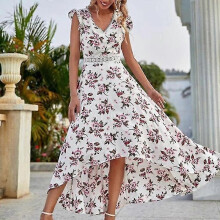 (L, White) Women Sleeveless Sundress Casual Summer Long Dress Floral Print Maxi Dresses
