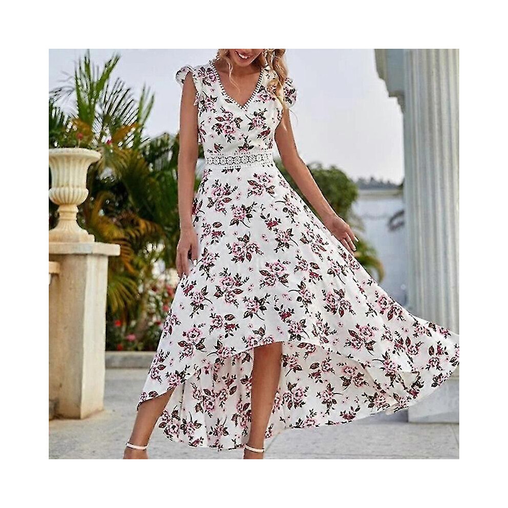 (S,White)Women Sleeveless Sundress Casual Summer Long Dress Floral Print Maxi Dresses