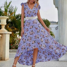 (L, Purple) Women Sleeveless Sundress Casual Summer Long Dress Floral Print Maxi Dresses