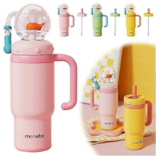 (Pink) Stainless Steel Whale Fountain Tumbler With Handle  Two Lids