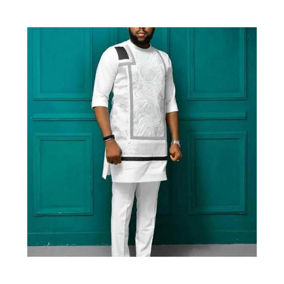 (L,Type 2)Men Dashiki Long Sleeve Shirt White Trouser Set Mens 2 Pieces Outfit Suit Traditional Male Clothes T-shirt Pant Suits For Men Yj5-2 Yj5-2