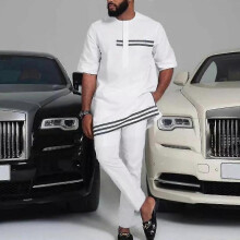 (L, Type 3) Men Dashiki Long Sleeve Shirt White Trouser Set Mens 2 Pieces Outfit Suit Traditional Male Clothes T-shirt Pant Suits For Men Yj5-2 Yj5-2