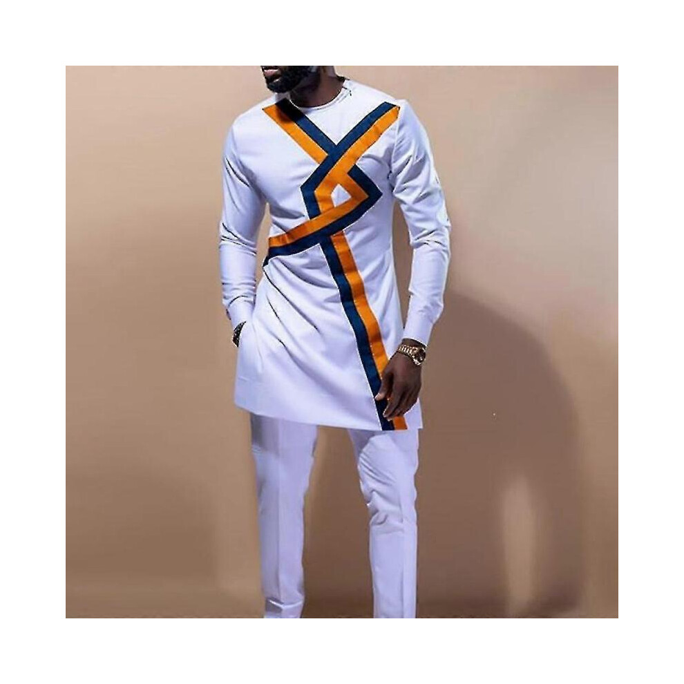 (4XL,Type 4)Men Dashiki Long Sleeve Shirt White Trouser Set Mens 2 Pieces Outfit Suit Traditional Male Clothes T-shirt Pant Suits For Men Yj5-2 Yj5-2