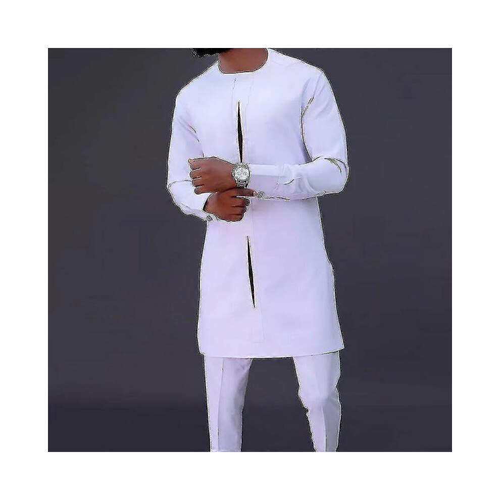(XXXL,Type 1)Men Dashiki Long Sleeve Shirt White Trouser Set Mens 2 Pieces Outfit Suit Traditional Male Clothes T-shirt Pant Suits For Men Yj5-2 Yj5-2