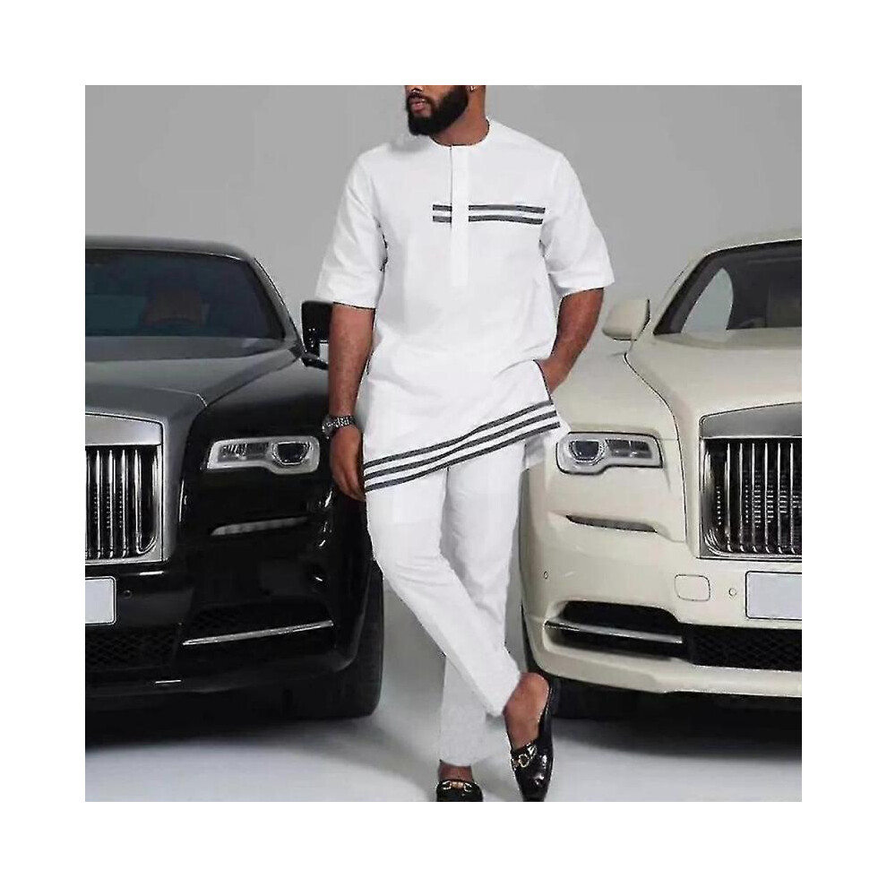 (XXXL,Type 3)Men Dashiki Long Sleeve Shirt White Trouser Set Mens 2 Pieces Outfit Suit Traditional Male Clothes T-shirt Pant Suits For Men Yj5-2 Yj5-2