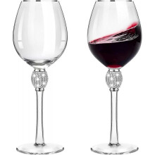 2 Pieces Rhinestone Red Wine Glass with Rim Tulip Shaped Diamond Wine Glasses Long Stem Glassware for Wedding, Parties, Anniversary (silver)