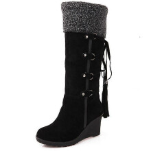 (39, Black) Women Fleece Lined Knee High Snow Boots Winter Warm Wedge Shoes