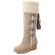 (39, Beige) Women Fleece Lined Knee High Snow Boots Winter Warm Wedge Shoes