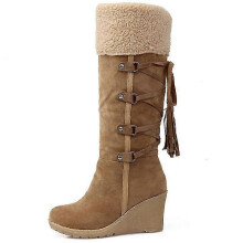 (40, Brown) Women Fleece Lined Knee High Snow Boots Winter Warm Wedge Shoes