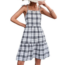 (S, White) Womens Boho Plaid Strappy Mini Dress Ladies Summer Beach Party Cami Sundress