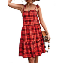 (M, Red) Womens Boho Plaid Strappy Mini Dress Ladies Summer Beach Party Cami Sundress