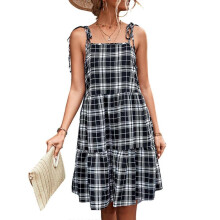 (XL, Black) Womens Boho Plaid Strappy Mini Dress Ladies Summer Beach Party Cami Sundress