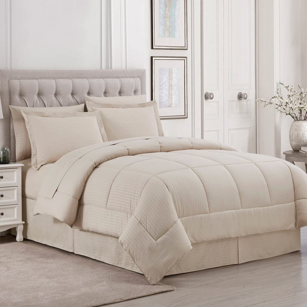 Parure de lit king size 8 pi   ces avec jupe de lit, drap-housse, drap plat, 2 taies d'oreiller, 2 taies d'oreiller, King Dobby Beige
