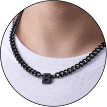 (B, Black) Initial A-z Cuban Link Chain Necklace For Boys Men Women Letter Pendant Stainless Steel 6.5mm 18+2 Inches Jewelry Gift