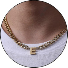 (E, Gold) Initial A-z Cuban Link Chain Necklace For Boys Men Women Letter Pendant Stainless Steel 6.5mm 18+2 Inches Jewelry Gift