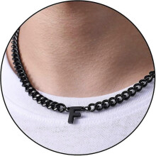 (F, Black) Initial A-z Cuban Link Chain Necklace For Boys Men Women Letter Pendant Stainless Steel 6.5mm 18+2 Inches Jewelry Gift