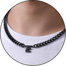 (E, Black) Initial A-z Cuban Link Chain Necklace For Boys Men Women Letter Pendant Stainless Steel 6.5mm 18+2 Inches Jewelry Gift