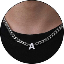 (A, Silver) Initial A-z Cuban Link Chain Necklace For Boys Men Women Letter Pendant Stainless Steel 6.5mm 18+2 Inches Jewelry Gift
