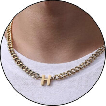 (H, Gold) Initial A-z Cuban Link Chain Necklace For Boys Men Women Letter Pendant Stainless Steel 6.5mm 18+2 Inches Jewelry Gift