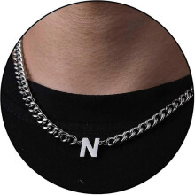 (N, Silver) Initial A-z Cuban Link Chain Necklace For Boys Men Women Letter Pendant Stainless Steel 6.5mm 18+2 Inches Jewelry Gift