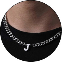 (J, Silver) Initial A-z Cuban Link Chain Necklace For Boys Men Women Letter Pendant Stainless Steel 6.5mm 18+2 Inches Jewelry Gift