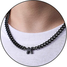 (K, Black) Initial A-z Cuban Link Chain Necklace For Boys Men Women Letter Pendant Stainless Steel 6.5mm 18+2 Inches Jewelry Gift