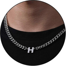 (H, Silver) Initial A-z Cuban Link Chain Necklace For Boys Men Women Letter Pendant Stainless Steel 6.5mm 18+2 Inches Jewelry Gift