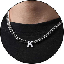 (K, Silver) Initial A-z Cuban Link Chain Necklace For Boys Men Women Letter Pendant Stainless Steel 6.5mm 18+2 Inches Jewelry Gift