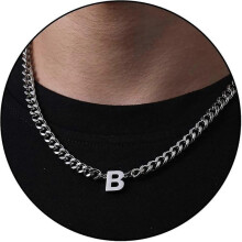 (B, Silver) Initial A-z Cuban Link Chain Necklace For Boys Men Women Letter Pendant Stainless Steel 6.5mm 18+2 Inches Jewelry Gift