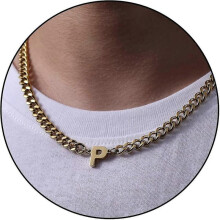 (P, Gold) Initial A-z Cuban Link Chain Necklace For Boys Men Women Letter Pendant Stainless Steel 6.5mm 18+2 Inches Jewelry Gift