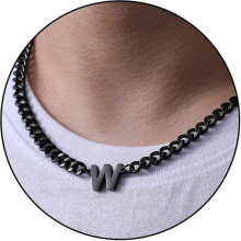 (W, Black) Initial A-z Cuban Link Chain Necklace For Boys Men Women Letter Pendant Stainless Steel 6.5mm 18+2 Inches Jewelry Gift
