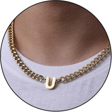 (U, Gold) Initial A-z Cuban Link Chain Necklace For Boys Men Women Letter Pendant Stainless Steel 6.5mm 18+2 Inches Jewelry Gift