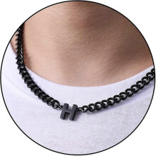 (H, Black) Initial A-z Cuban Link Chain Necklace For Boys Men Women Letter Pendant Stainless Steel 6.5mm 18+2 Inches Jewelry Gift