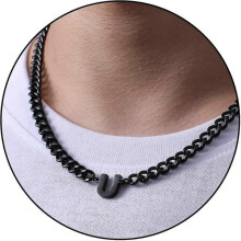 (U, Black) Initial A-z Cuban Link Chain Necklace For Boys Men Women Letter Pendant Stainless Steel 6.5mm 18+2 Inches Jewelry Gift