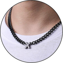 (X, Black) Initial A-z Cuban Link Chain Necklace For Boys Men Women Letter Pendant Stainless Steel 6.5mm 18+2 Inches Jewelry Gift