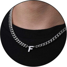 (F, Silver) Initial A-z Cuban Link Chain Necklace For Boys Men Women Letter Pendant Stainless Steel 6.5mm 18+2 Inches Jewelry Gift
