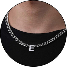 (E, Silver) Initial A-z Cuban Link Chain Necklace For Boys Men Women Letter Pendant Stainless Steel 6.5mm 18+2 Inches Jewelry Gift