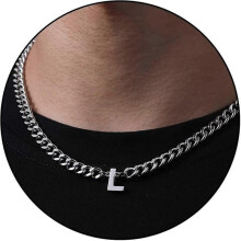 (L, Silver) Initial A-z Cuban Link Chain Necklace For Boys Men Women Letter Pendant Stainless Steel 6.5mm 18+2 Inches Jewelry Gift
